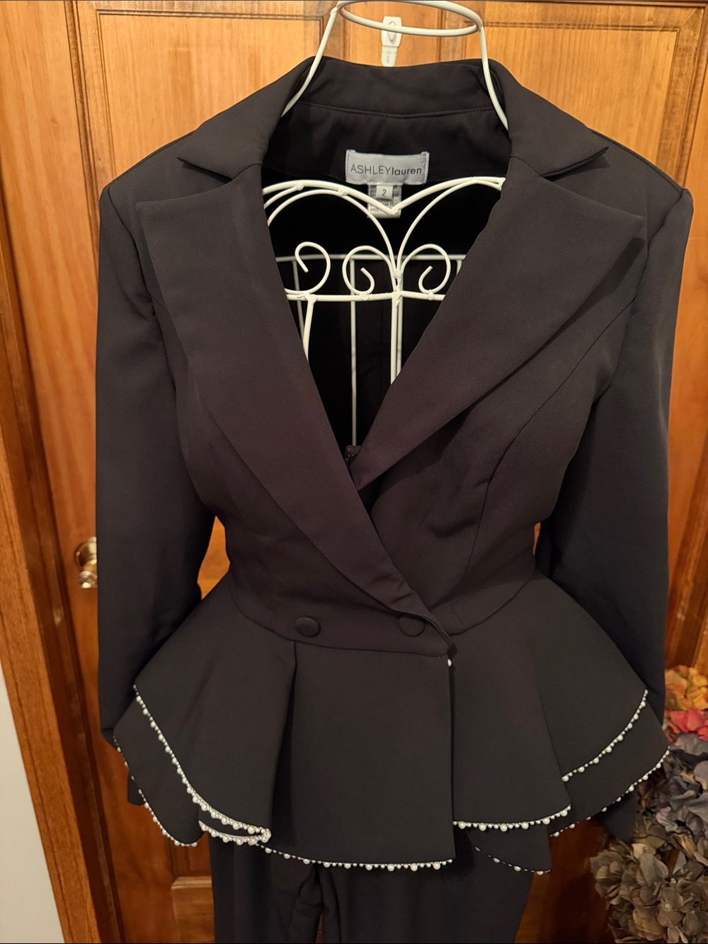 Ashley Lauren Black Pageant Interview Suit syle 11972 Black Peplum Jacket Pearls
